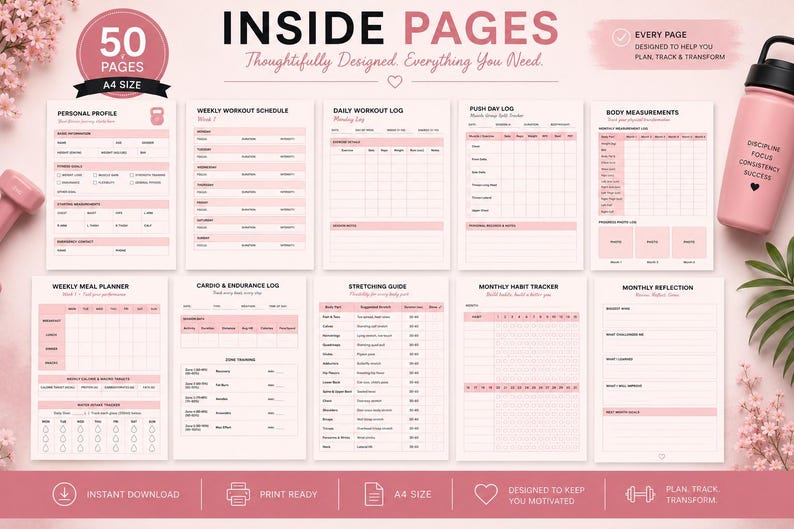 Op de afbeelding: Een roze en witte fitnessplanner met 50 pagina's, A4-formaat, met trainingsschema's, maaltijdplanners en lichaamsmetingen. De planner bevat de tekst "INSIDE PAGES" en "Thoughtfully Designed. Everything You Need."