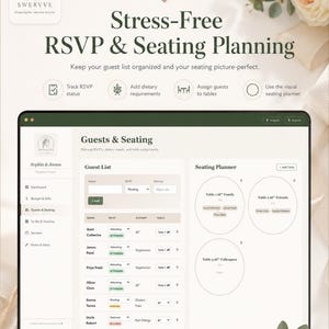 May include: A digital interface for guest and seating management titled Stress-Free RSVP & Seating Planning. The screen displays a guest list with RSVP statuses and dietary requirements, alongside a visual seating planner with circular table layouts.