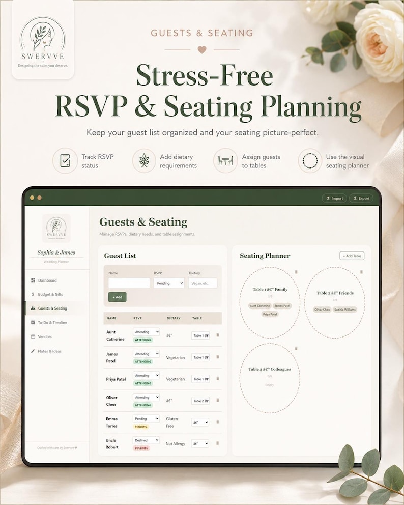 May include: A digital interface for guest and seating management titled Stress-Free RSVP & Seating Planning. The screen displays a guest list with RSVP statuses and dietary requirements, alongside a visual seating planner with circular table layouts.