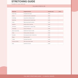 Op de afbeelding: Een roze en witte stretchgids met de titel "STRETCHING GUIDE" en een full body stretch log. De gids geeft lichaamsdelen, voorgestelde stretches en duur in seconden. Bevat 15 spiergroepen.