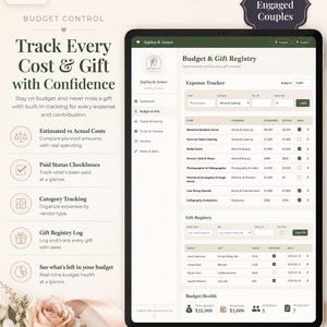 May include: A digital tablet displaying a wedding budget and gift registry planner interface. The screen shows columns for expense tracking, vendor categories, estimated versus actual costs, and a gift registry log with checkboxes for payment status.