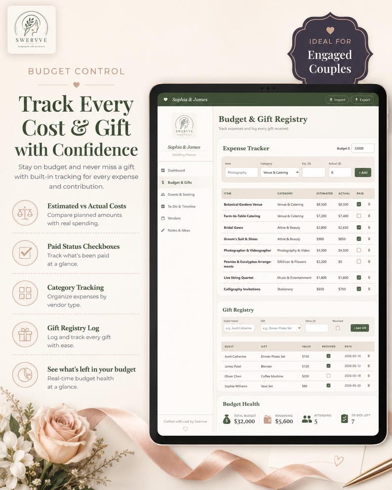 May include: A digital tablet displaying a wedding budget and gift registry planner interface. The screen shows columns for expense tracking, vendor categories, estimated versus actual costs, and a gift registry log with checkboxes for payment status.