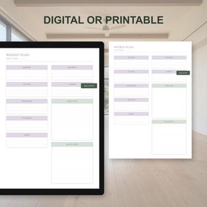May include: A digital or printable weekly plan template displayed on a tablet and a printed sheet. The template features sections for each day, objectives, and notes, with a minimalist design in white and lavender.