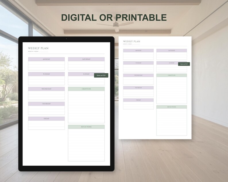 May include: A digital or printable weekly plan template displayed on a tablet and a printed sheet. The template features sections for each day, objectives, and notes, with a minimalist design in white and lavender.