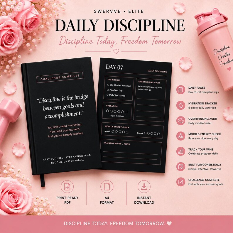 May include: A pink and black daily discipline planner with a matching water bottle. The planner includes sections for daily logs, hydration tracking, and mood checks. The text reads "Discipline Today, Freedom Tomorrow."