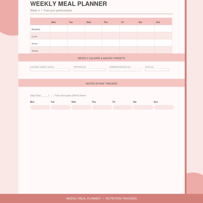 Op de afbeelding: Een roze en witte wekelijkse maaltijdplanner met secties voor ontbijt, lunch, diner en snacks. Het bevat ruimte voor calorie- en macrodoelen en een waterinname-tracker. De tekst "WEEKLY MEAL PLANNER" staat bovenaan.