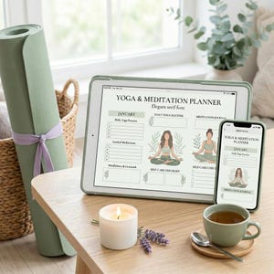 May include: A yoga and meditation planner displayed on a tablet and smartphone, with a green yoga mat, candle, and teacup. The planner features illustrations and the text "YOGA & MEDITATION PLANNER". The color scheme is soft green and white.