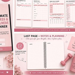 Op de afbeelding: Een roze fitness- en wellnessplanner met de tekst "ULTIMATE FITNESS & WELLNESS PLANNER". De afbeelding toont ook een roze halter, een waterfles en een notitieblok met de woorden "Plan, Track, Transform, Repeat".