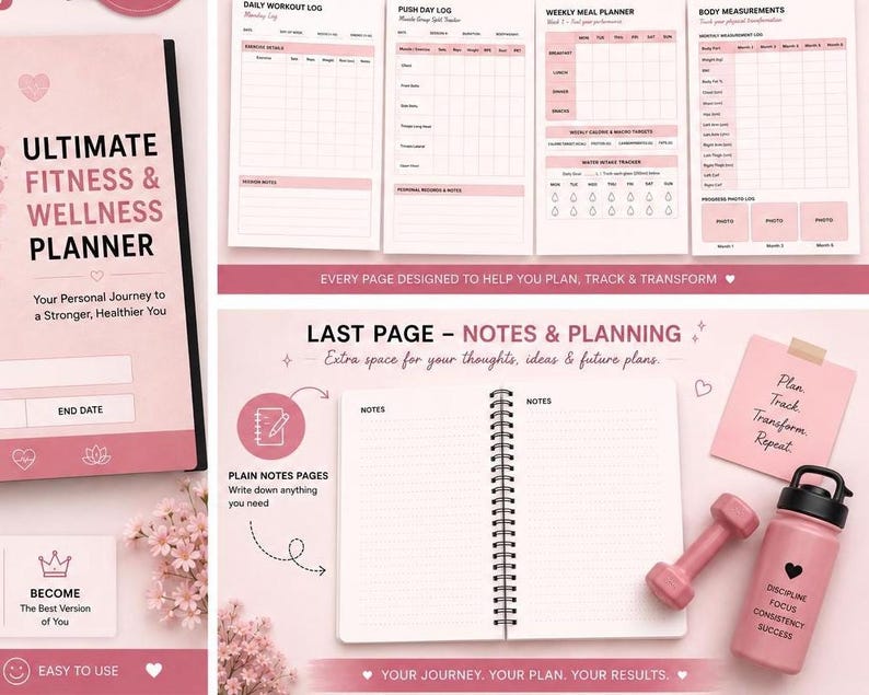 Op de afbeelding: Een roze fitness- en wellnessplanner met de tekst "ULTIMATE FITNESS & WELLNESS PLANNER". De afbeelding toont ook een roze halter, een waterfles en een notitieblok met de woorden "Plan, Track, Transform, Repeat".