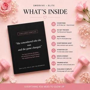 May include: A black journal with the text "She remembered who she was and the game changed." is surrounded by pink dumbbells and flowers. The journal includes sections for tracking progress, mood, and hydration. The text "Everything you need to glow up" is at the bottom.