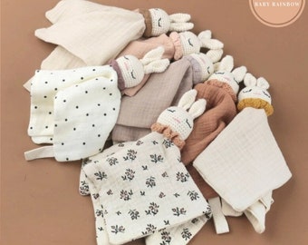 Cotton Gauze Baby Cuddling Towel, Stuffed Rabbit Doll Soother & Bib Set for Newborns, Perfect for Sleeping, Nursing