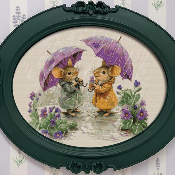 Vintage Mice in Rain Cross Stitch Pattern: Color & B/W (PDF)