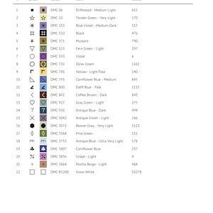 May include: A white paper with a floss list for cross stitch, titled "Floss list for crosses" by house bee. The list includes symbols, numbers, names, and stitch counts for various DMC floss colors, such as Black, Mustard, and Snow White.