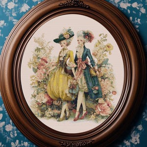 May include: An oval, wooden framed print featuring two women in 18th-century attire, surrounded by flowers. One woman wears a yellow dress and the other a blue coat. The frame has ornate detailing.