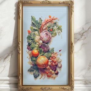 May include: A framed print featuring a still life of flowers and fruit. The artwork showcases a variety of elements, including pink and purple flowers, green leaves, grapes, and oranges. The frame is gold-colored with ornate detailing.