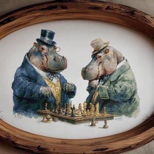 Padrão de Ponto Cruz Hipopótamo Retrô, Xadrez, Colorido e Preto e Branco (Padrão em PDF)