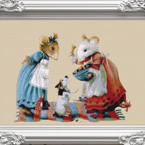 May include: Framed cross-stitch artwork depicting two mice and a dog. The mice wear blue and red dresses with aprons, and the dog is black, white, and brown. The artwork is set against a beige background and framed in a white ornate frame.