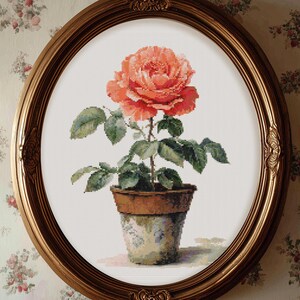 Vintage korsstygnsmönster: Ros i en kruka (PDF-nedladdning, kompatibel med Pattern Keeper)