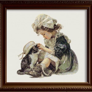May include: A framed print of a young child in a bonnet and dress, interacting with a black and white cat. The child is seated, with the cat beside them. The artwork has a vintage, classic style, with soft colors and detailed textures.