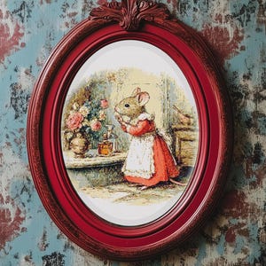 Pu&ograve; includere: Una cornice ovale rossa con un bordo dettagliato circonda un'illustrazione incorniciata di un topo con un vestito rosso e un grembiule bianco. Il topo &egrave; in piedi vicino a un tavolo con fiori e bottiglie. Lo sfondo ha un'estetica vintage.