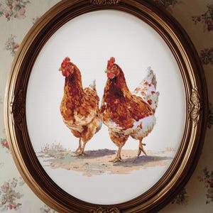 May include: An oval framed print depicting two brown and white chickens. The chickens are standing together on a light brown surface. The frame is gold-coloured with decorative detailing. The background is a floral wallpaper.