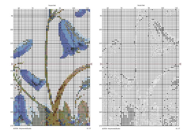 May include: Cross-stitch pattern featuring blue bellflowers on a grid background. The design includes detailed floral elements with varying shades of blue, green, and brown, perfect for needlepoint enthusiasts.