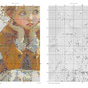 May include: Cross-stitch pattern of a woman with blonde hair and blue eyes, in a detailed, pixelated style. The image is a close-up of the woman's face and upper body, with a grid overlay. The text "alone in the city" is at the top.