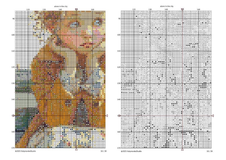 May include: Cross-stitch pattern of a woman with blonde hair and blue eyes, in a detailed, pixelated style. The image is a close-up of the woman's face and upper body, with a grid overlay. The text "alone in the city" is at the top.