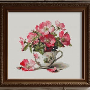 Vintage Cross Stitch Pattern: Wild rose in a cup (PDF Download, Pattern Keeper Compatible)