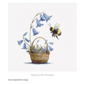 May include: Cross stitch chart titled "house bee" featuring a basket of bluebell flowers and a bee. The design size is 250 x 250 stitches. The chart is imported from an image.