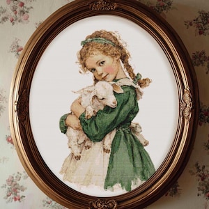 Vintage Girl with Lamb Cross Stitch Pattern, Color & B/W Charts (PDF Download)