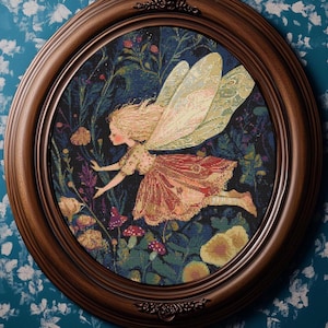 Puede incluir: Una obra de arte enmarcada que presenta un hada con cabello rubio y grandes alas, vestida con un vestido rojo y melocotón, sobre un fondo floral oscuro. La obra está en un marco ovalado marrón oscuro, con un fondo de papel pintado floral azul.