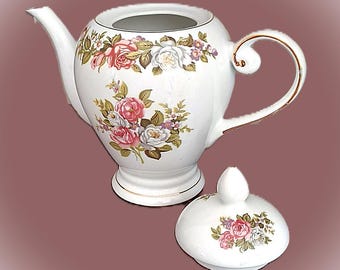 Vintage 1960s Chinese Mille Fleur Red Ceramic Teapot Pink Cottage