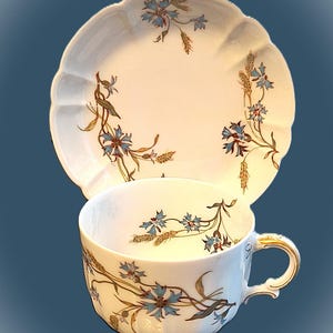 May include: A white teacup and saucer set with a floral design. The cup and saucer have a scalloped edge and are decorated with blue flowers and wheat stalks. The cup has a gold handle.