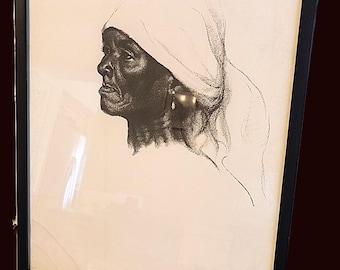 Boceto antiguo a lápiz de carboncillo: retrato de una mujer mayor en St. Croix VI. Artista: Helen Taylor. Década de 1930.