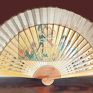 Antique Casa De Diego Wood and Fabric Hand Fan, Puerta Del Sol Madrid