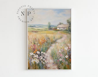 Vintage Spring Wall Art Country Farmhouse Oil Painting Rustic Vintage Cottagecore Landscape Poster Floral Meadow PRINTABLE Digital Downloads