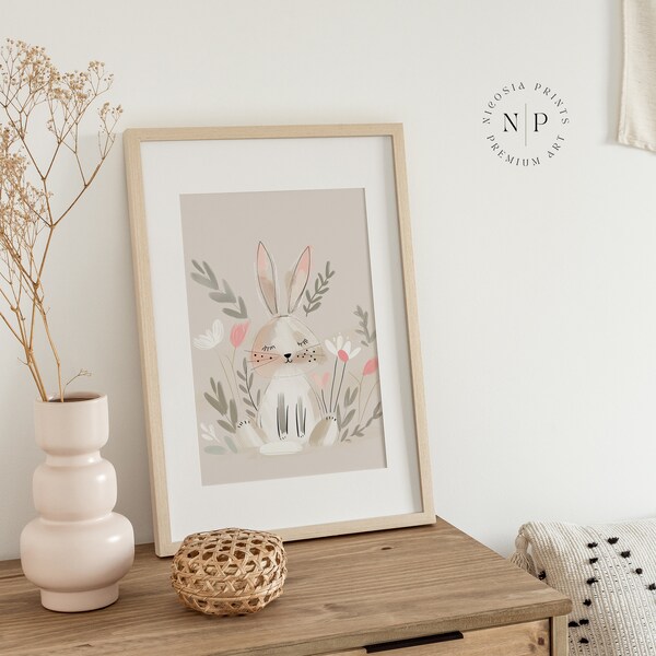 Easter Bunny Poster Neutral Nursery Room Wall Art Bunny Print Toddler Bedroom Modern Wall Hanging Baby Boy Nursery Print Digital Art Posters