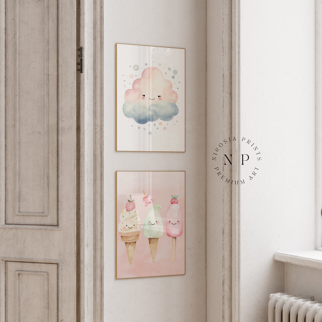 Set of 2 Cute Nursery Wall Art Pastel Toddler Playroom Decor Girl Pink ...