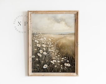 Vintage Spring Landscape Oil Painting Summer Meadow Print White Daisies Meadow Vintage Print For Cottagecore Wall Decor Neutral Tone Vintage