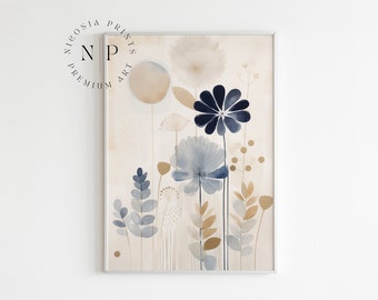Printable Art For Livingroom Minimalistic Wall Art Japandi Floral Print Gift For Her Modern Navy Blue Abstract Art Beige Print Wabi Sabi Art