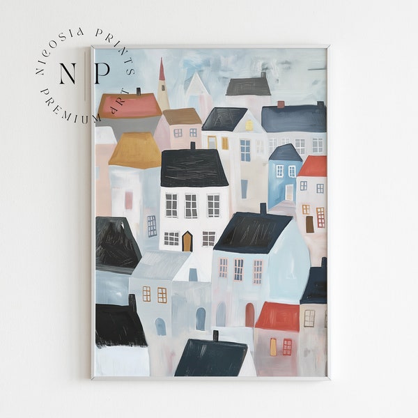 Minimalistic Poster Scandinavian Village Print Neutral Wall Art Neutral Colors House Painting Watercolor Abstract Art Modern Home Decor Gift
