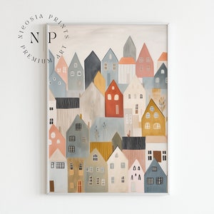 Neutral Colors Wall Art Scandinavian Village Painting Minimalistic Clipart Houses Modern Trendy Art PRINTABLE Wall Art For Modern Livingroom