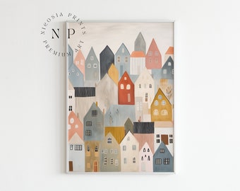 Neutral Colors Wall Art Scandinavian Village Painting Minimalistic Clipart Houses Modern Trendy Art PRINTABLE Wall Art For Modern Livingroom