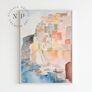 Italienisches Dorf Aquarell Druck Abstrakte Buntes Haus Moderne Trendige Wand Kunst Rosa Pastellfarben Malerei Dänisches Pastell Poster Weiche Farbe