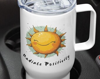 Radiate Positivity Sun Mug, 25oz Spill-Proof Stainless Cup, Uplifting Sunny Tumbler