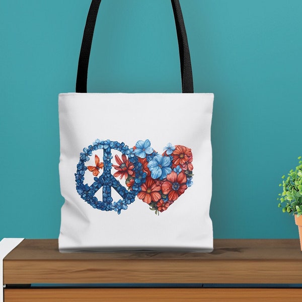 Peace and Love Floral Tote Bag, Bohemian Flower Power Shopper, Artistic Hippie Carryall