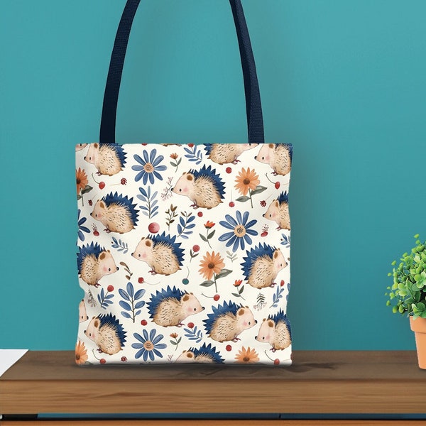 Cute Hedgehog Floral Tote Bag, Whimsical Garden Pattern Shopper, Nature Lover's Carryall