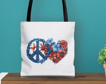 Vrede en liefde bloementas, Boho Flower Power Shopper, artistieke hippie Carryall