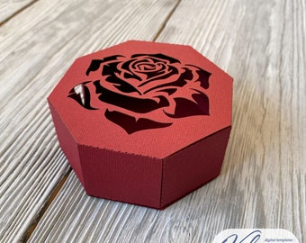 SVG Cricut achteckige Geschenkbox mit Rose und Deckel, Schneidedateien für Laserschnitt, Cameo Papierschnitt (svg dxf ai cdr)